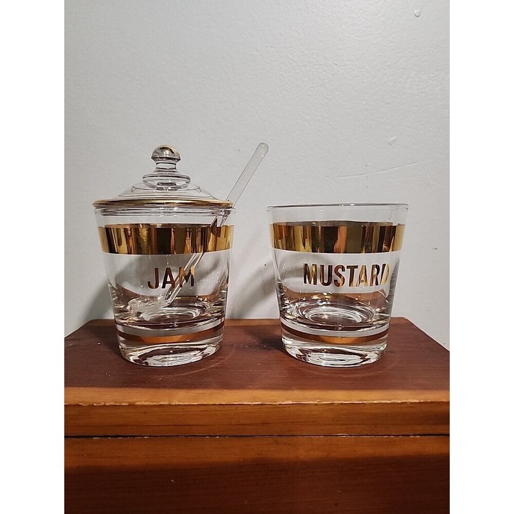 Gold Mid Century Mustard Jam Lidded Jar Spoon